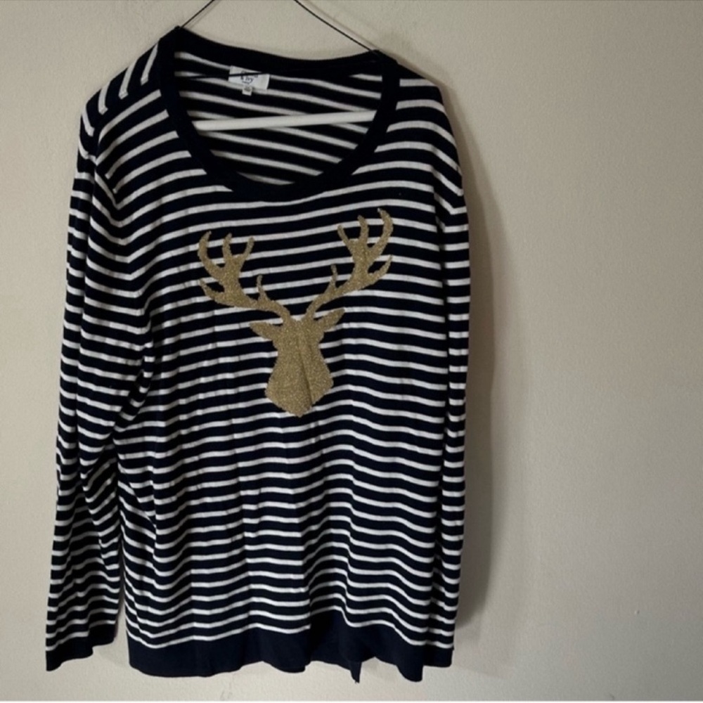 Crown & Ivy Size 2x Navy and White Striped Sweater with Gold Deer Christmas